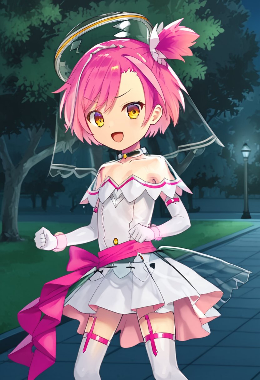 1girl, solo, yumesakiminakaren, pink hair, short hair, one side up, yellow eyes, orange eyes, choker, hair ornament, veil, halo, white dress, strapless dress, elbow gloves, pink bracelet, thighhighs, magical girl, outdoors, park, night, standing, cowboy shot, open mouth, serious, smile