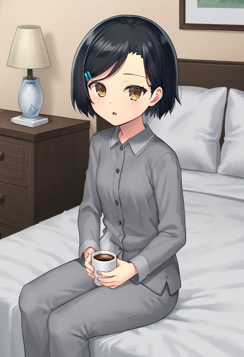 1girl, solo, yumesakiminakaren, black hair, short hair, hairclip, brown eyes, grey shirt, long sleeves, grey pants, pajamas, indoors, sitting, bed, holding, cup, coffee, parted lips, looking at viewer