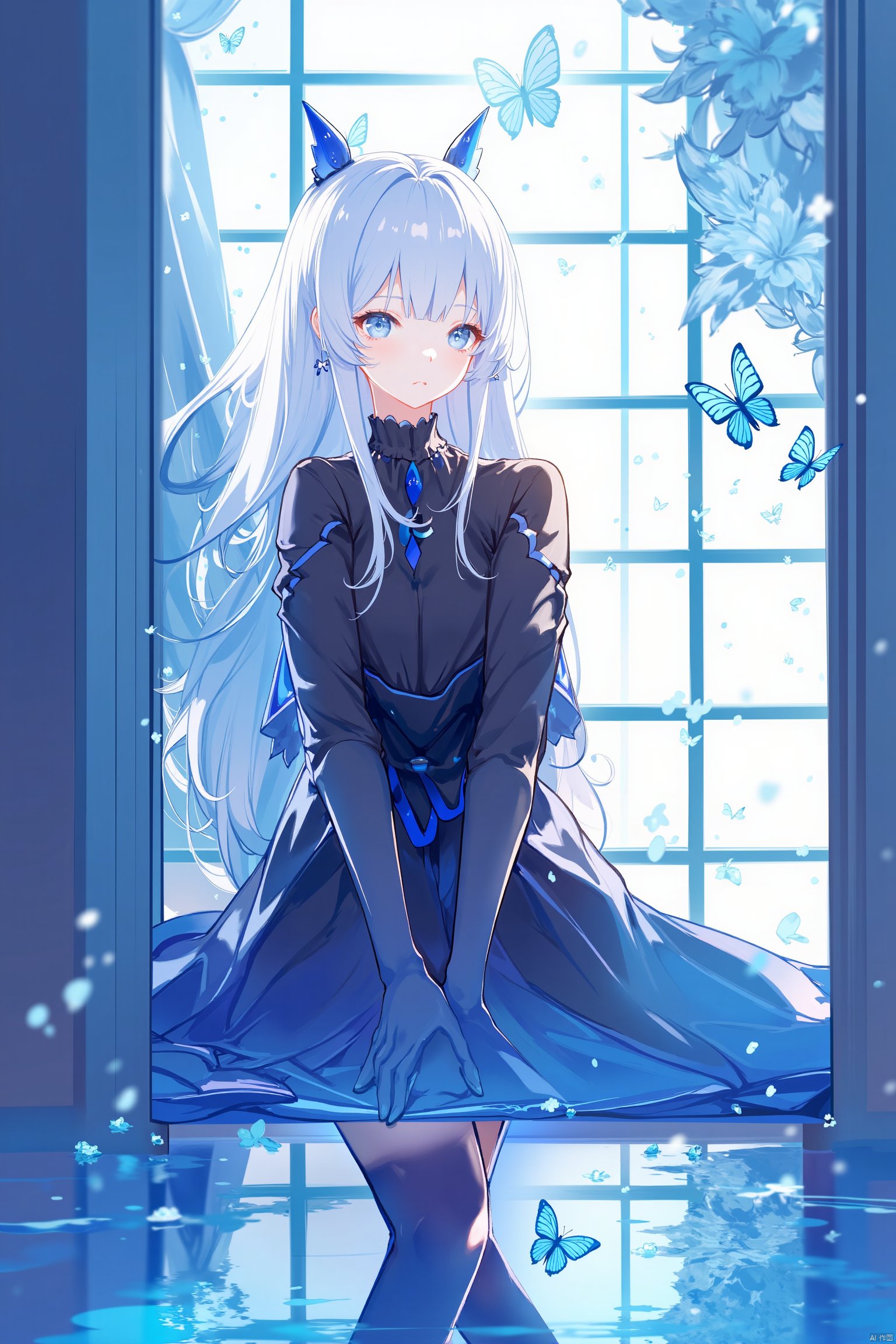 An animated image of a woman with long white hair and blue eyes. She is wearing a black dress with a blue ribbon tied arou...