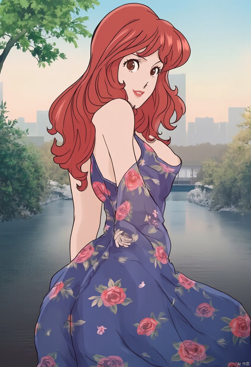 Beautiful dark red haired mature womam stands next to West Lake in Hangzhou, anime style, best quality, photography,穿着皮衣