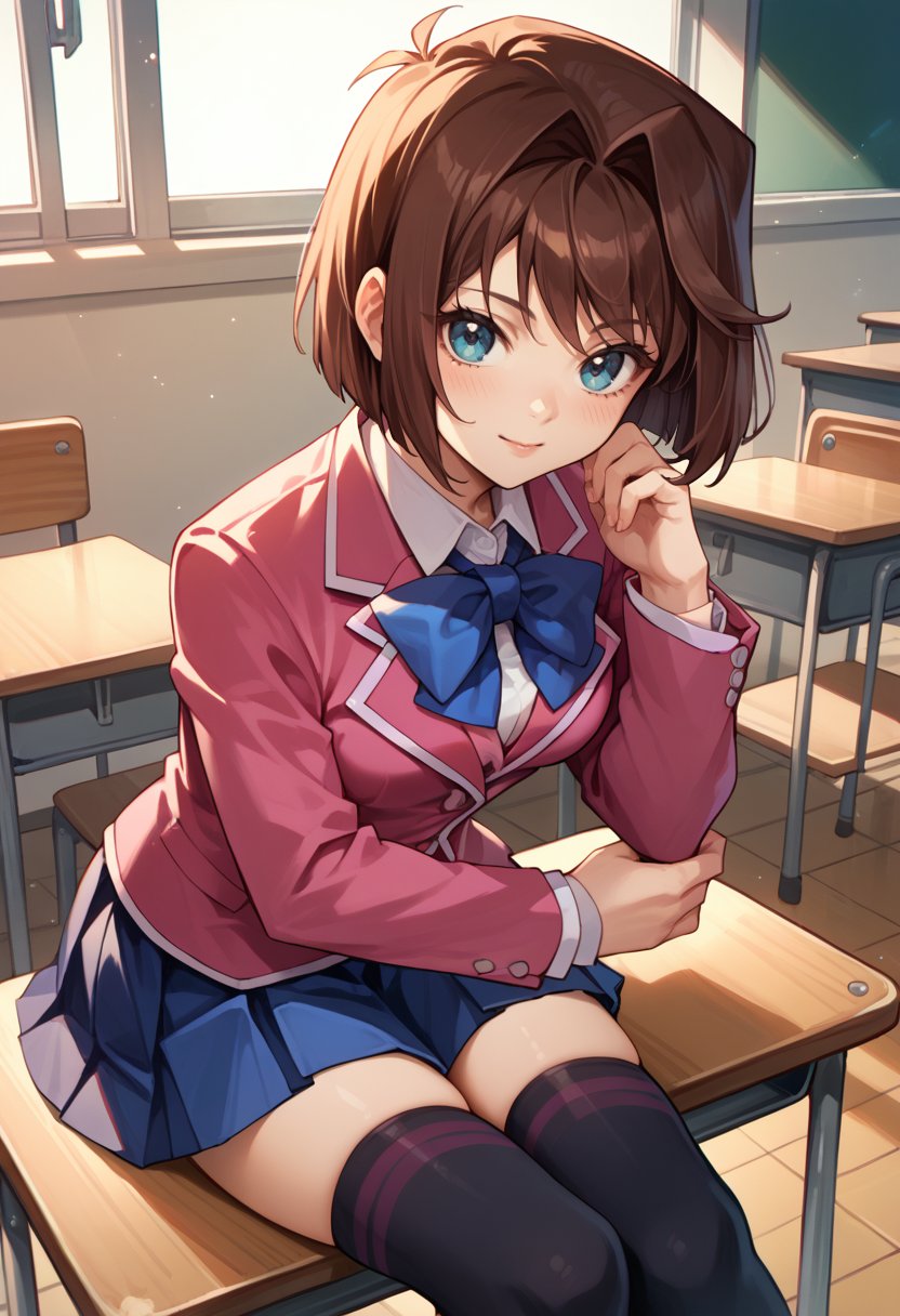 score_9, score_8_up, score_7_up, source_anime, AnzuYGO, short hair, brown hair, hair intakes, blue eyes, school uniform, pink blazer, long sleeves, blue bowtie, blue skirt, pleated skirt, black thighhighs, classroom, sitting