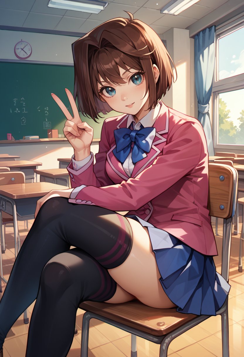 score_9, score_8_up, score_7_up, source_anime, AnzuYGO, short hair, brown hair, hair intakes, blue eyes, school uniform, pink blazer, long sleeves, blue bowtie, blue skirt, pleated skirt, black thighhighs, classroom, chair, sitting, crossed legs, v