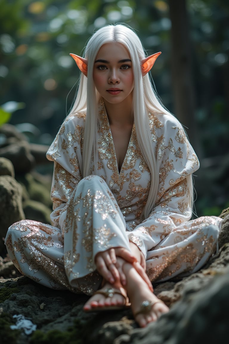 In a stunningly crafted masterpiece, an enchanting elf maiden with long, flowing white hair and piercing red eyes sits majestically on a weathered rock. Her gaze directly meets the viewer's, exuding an aura of mystique. She wears a traditional attire kebaya bali with unique pattern and design, paired with delicate sandals. The surrounding deep forest is detailed with precision, featuring stunningly crafted ornaments that seem to shimmer in the soft light. With anatomically have 6 hands, 3 hand on left and 3 hand on right, and exquisite hair expression, this kawaii elf's beauty is nothing short of breathtaking. ((8k, ultra-detailed, very clear)).
