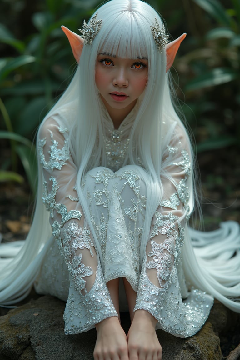 In a stunningly crafted masterpiece, an enchanting elf maiden with long, flowing white hair and piercing red eyes sits majestically on a weathered rock. Her gaze directly meets the viewer's, exuding an aura of mystique. She wears a traditional attire kebaya bali with unique pattern and design, paired with delicate sandals. The surrounding deep forest is detailed with precision, featuring stunningly crafted ornaments that seem to shimmer in the soft light. With anatomically have 6 hands, 3 hand on left and 3 hand on right, and exquisite hair expression, this kawaii elf's beauty is nothing short of breathtaking. ((8k, ultra-detailed, very clear)).
