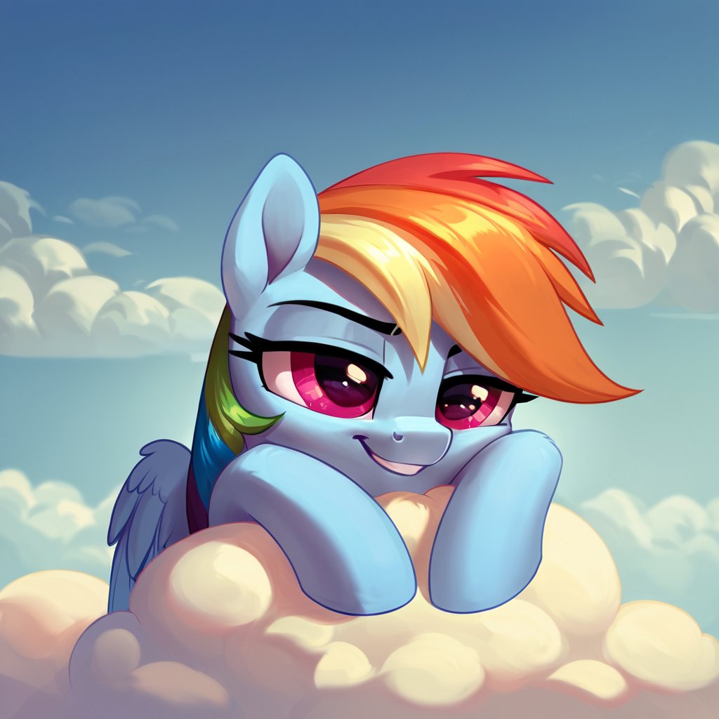 score_9, score_8_up, score_7_up, source_pony, rating_safe, stoic5, hi res, (ultra hd quality details), outdoors, sky, solo, rainbow_dash_(mlp), (equine, mare:1.2), beatiful mare, lidded eyes, smug, on cloud, (face focus:1.2)