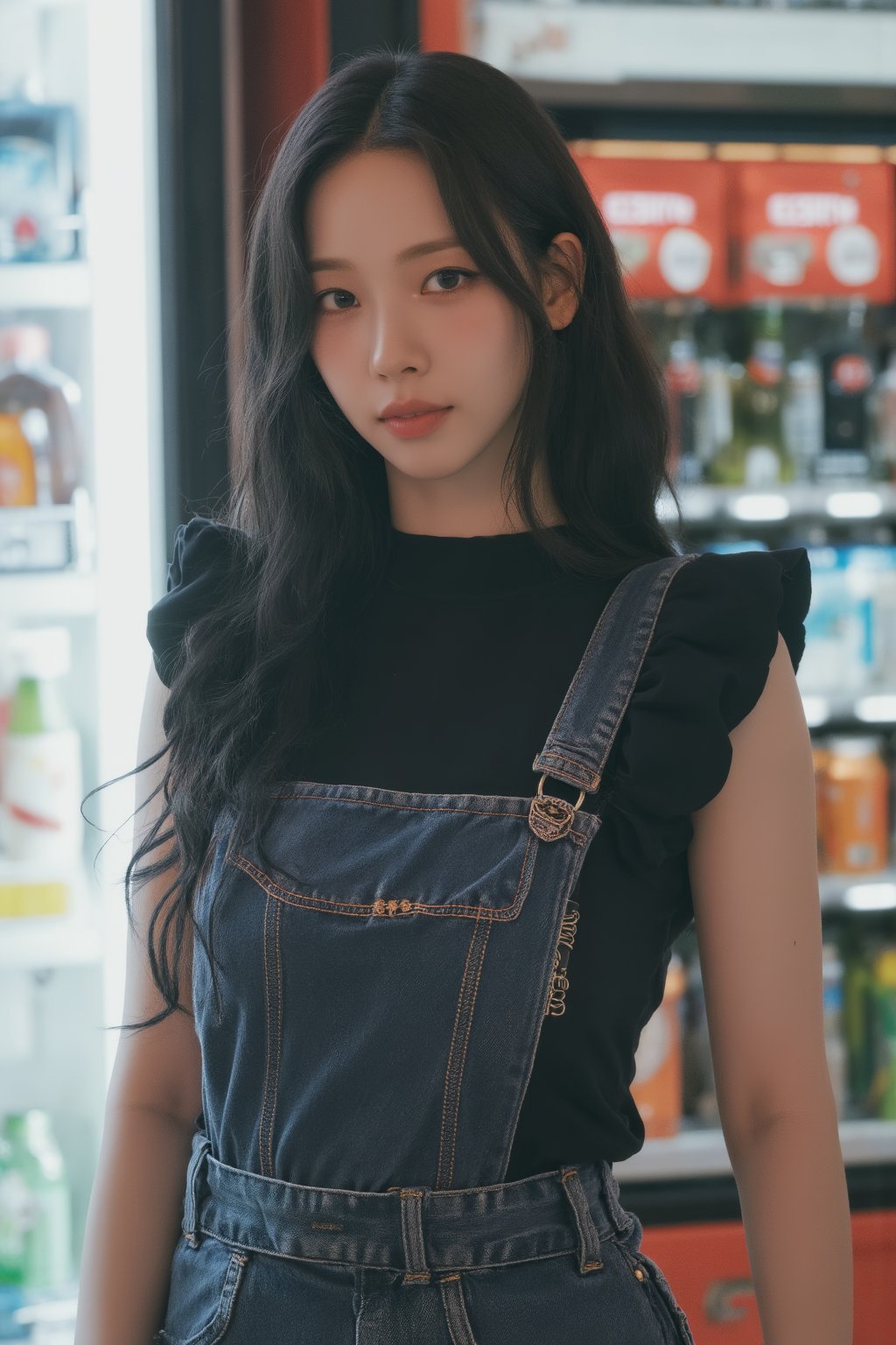 1girl, looking at viewer, styled shirt, detailed clothes, ultra detailed, profesional lighting, magazine cover, convenience store, soda cabinet, 7elenven, photorealistic, 

aespakarina, chimai