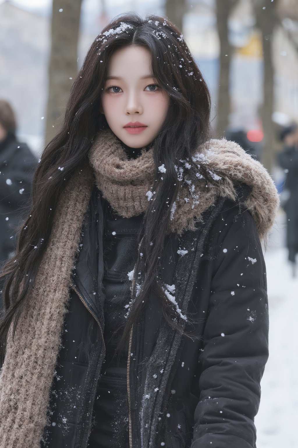 1girl, thigh up body, long dress, turtle neck shirt, down jacket, big scarf, hairstyle, on paris street corner, winter, snow on hair, snow on clothes, looking at viewer, ultra detailed, beautiful face, natural lighting, 2D artstyle, best quality, masterpiece, aespakarina, straight camera angle, noise effect, blurring effect,