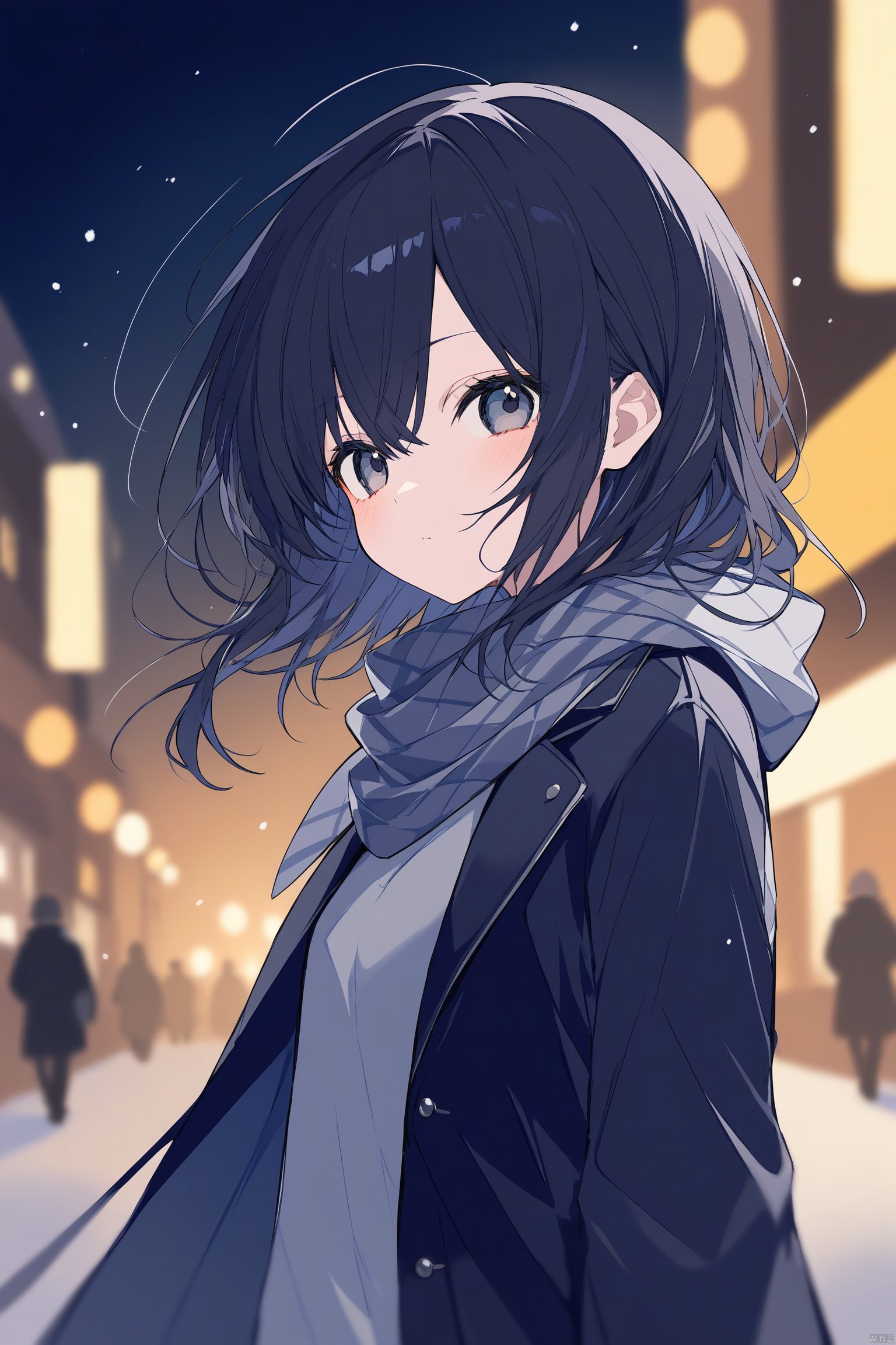 (masterpiece),(best quality),(masterpiece),(best quality),1girl, black_coat, black_hair, blurry, blurry_background, blurry_foreground, bokeh, city_lights, coat, depth_of_field, from_side, jacket, lens_flare, long_hair, long_sleeves, looking_away, motion_blur, outdoors, scarf, snow, snowing, solo, upper_body