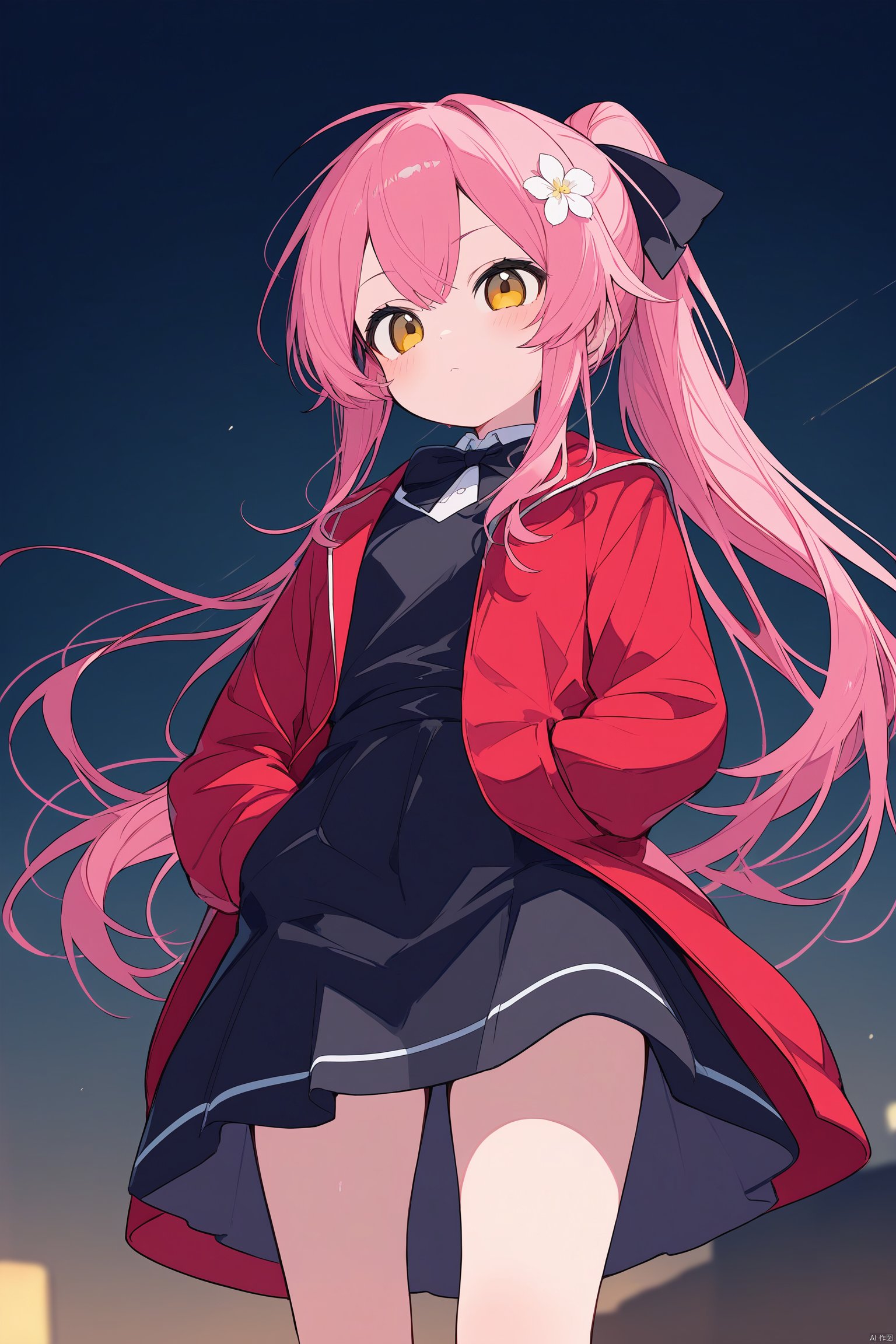 (masterpiece),(best quality),illustration,ultra detailed,hdr,Depth of field,(colorful),(loli：1.2),(petite:1.2),long hair,Pink hair,Yellow eyes, (red Jacket),high ponytail,white collared shirt,hair flower,fipped hair,floating hair,Frown,hands in pockets,black dress,red bowtie,(solo)