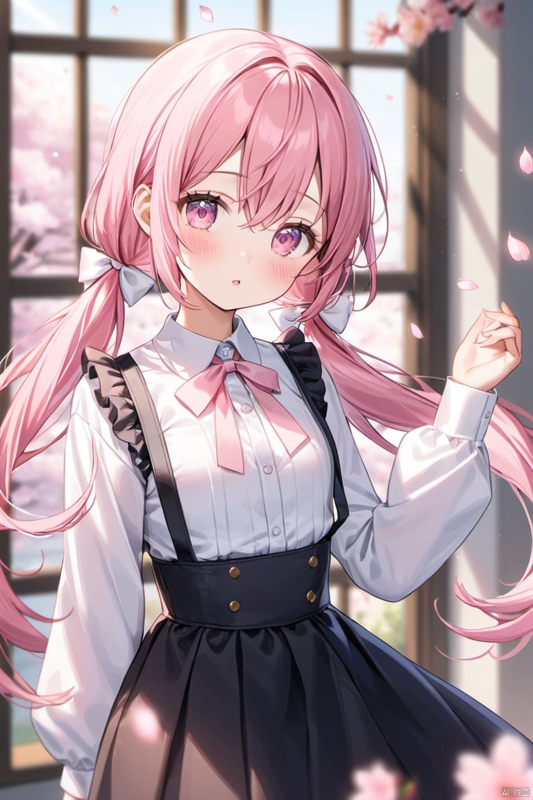 1girl, solo, long hair, looking at viewer, blush, bangs, skirt, shirt, long sleeves, bow, ribbon, hair between eyes, twintails, white shirt, pink hair, flower, frills, parted lips, puffy sleeves, collared shirt, indoors, hand up, black skirt, pink eyes, blurry, :o, petals, window, depth of field, blurry background, low twintails, suspenders, white bow, cherry blossoms, pink flower, puffy long sleeves, high-waist skirt, suspender skirt