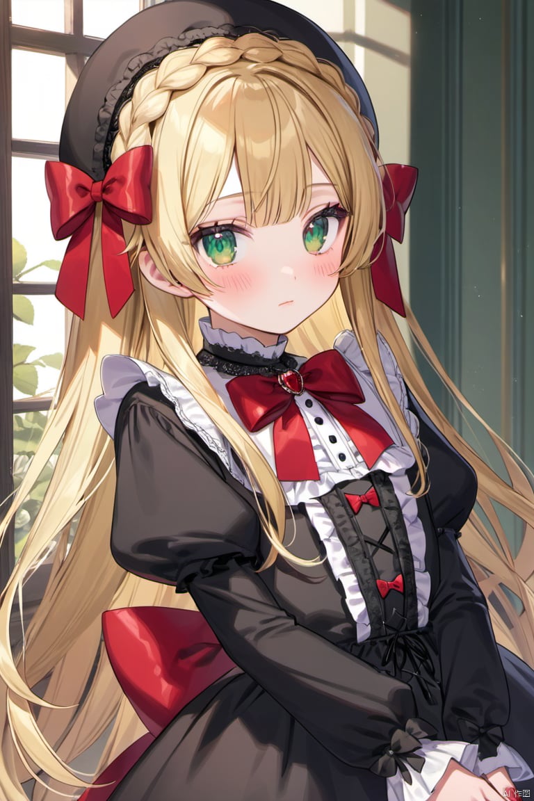 solo, long hair, looking at viewer, blush, bangs, blonde hair, long sleeves, 1boy, dress, bow, ribbon, very long hair, closed mouth, green eyes, upper body, braid, male focus, hairband, frills, striped, puffy sleeves, virtual youtuber, nail polish, black dress, red bow, black headwear, rose, juliet sleeves, otoko no ko, red nails, crossdressing, lolita fashion, gothic lolita, crown braid