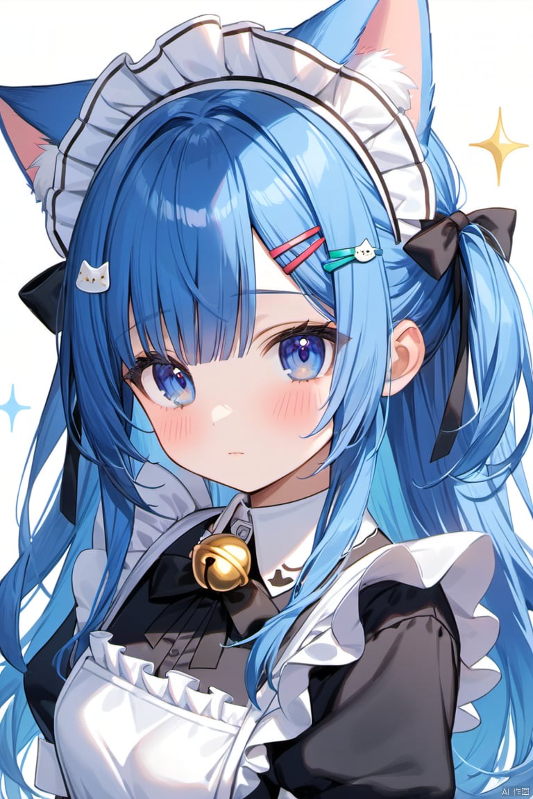 1girl, solo, long hair, looking at viewer, blush, bangs, blue eyes, simple background, hair ornament, white background, dress, bow, ribbon, animal ears, closed mouth, blue hair, upper body, frills, hairclip, cat ears, apron, black dress, collar, maid, maid headdress, sparkle, bell, detached collar, white apron, jingle bell, neck bell, maid apron, white collar
