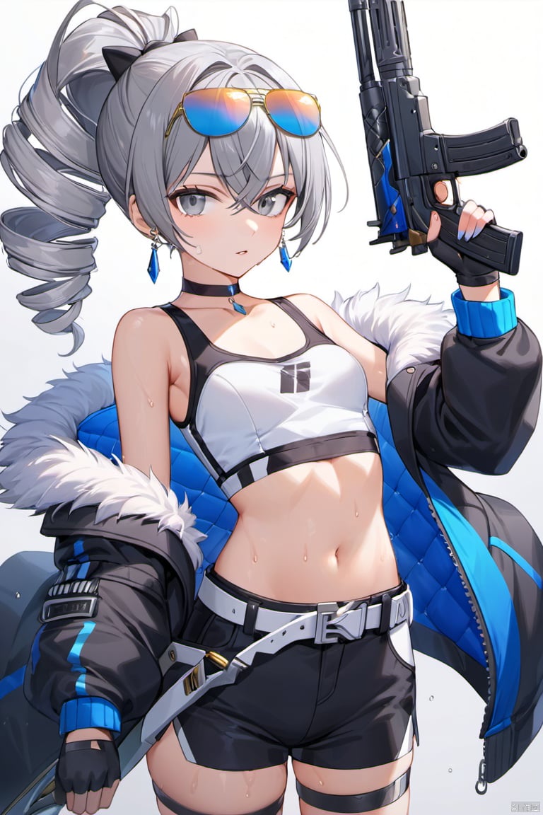 1girl, solo, long hair, breasts, looking at viewer, bangs, blue eyes, shirt, hair ornament, gloves, long sleeves, holding, hair between eyes, bare shoulders, jewelry, jacket, white shirt, ponytail, weapon, grey hair, cowboy shot, sweat, earrings, small breasts, parted lips, open clothes, shorts, choker, black gloves, belt, fingerless gloves, off shoulder, holding weapon, open jacket, black jacket, crop top, gun, grey eyes, fur trim, short shorts, thigh strap, drill hair, black shorts, sunglasses, eyewear on head, tinted eyewear, bronya zaychik