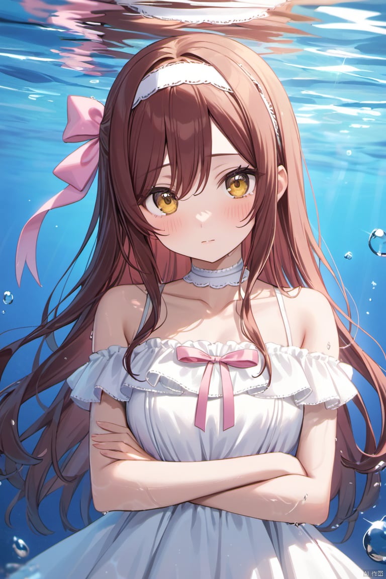 1girl, solo, long hair, looking at viewer, blush, bangs, brown hair, dress, ribbon, bare shoulders, closed mouth, collarbone, yellow eyes, upper body, hairband, frills, choker, water, white dress, crossed arms, frilled dress, partially submerged, pink ribbon, white choker, partially underwater shot, osaki amana, osaki tenka