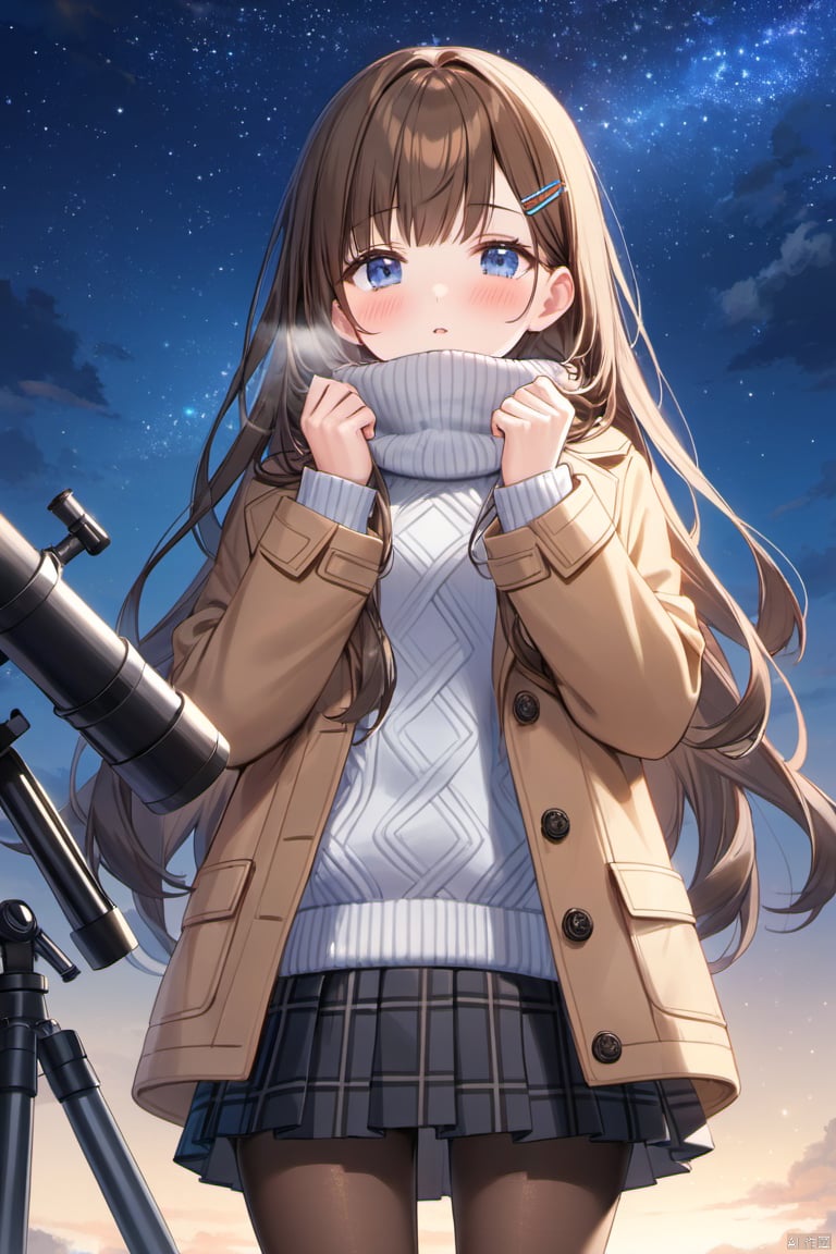 1girl, solo, long hair, blush, bangs, blue eyes, skirt, brown hair, hair ornament, long sleeves, very long hair, standing, jacket, pantyhose, cowboy shot, pleated skirt, outdoors, parted lips, open clothes, sky, hairclip, black skirt, sweater, open jacket, coat, plaid, hands up, fur trim, night, turtleneck, plaid skirt, star \(sky\), night sky, breath, starry sky, turtleneck sweater, white sweater, grey sweater, telescope