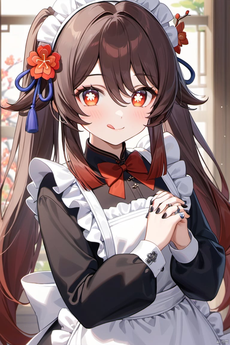 1girl, solo, long hair, looking at viewer, blush, smile, bangs, brown hair, hair ornament, red eyes, long sleeves, dress, bow, ribbon, hair between eyes, jewelry, closed mouth, upper body, flower, sidelocks, frills, alternate costume, tongue, hair flower, tongue out, bowtie, nail polish, apron, black dress, maid, symbol-shaped pupils, hands up, maid headdress, ring, own hands together, red flower, red bowtie, black nails, white apron, maid apron, :q, enmaided, own hands clasped, flower-shaped pupils, multiple rings, plum blossoms, hu tao \(genshin impact\)