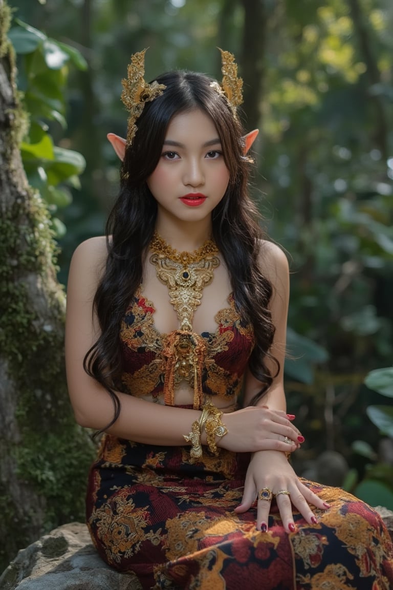 In a stunningly crafted masterpiece, an enchanting elf maiden with long, flowing black hair and piercing red eyes sits majestically on a weathered rock. Her gaze directly meets the viewer's, exuding an aura of mystique. She wears a traditional attire kebaya bali with unique pattern and design, paired with delicate sandals. The surrounding deep forest is detailed with precision, featuring stunningly crafted ornaments that seem to shimmer in the soft light. With anatomically have 6 hands, 3 hand on left and 3 hand on right, and exquisite hair expression, this kawaii elf's beauty is nothing short of breathtaking. ((8k, ultra-detailed, very clear)).
