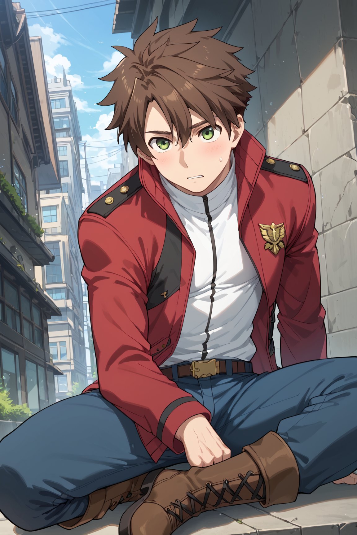 score_8_up, score_7_up, Expressiveh, masterpiece, best quality, best aesthetics, perfect anatomy, perfect proportions, high resolution, good colors, bright skin, good shading, good eyes, countershading, well detailed background, BREAK, male focus, male, Aoba_Watase, short hair, brown hair, green eyes, BREAK, military uniform, red jacket, high collar, white shirt, pants, blue pants, knee boots, brown footwear