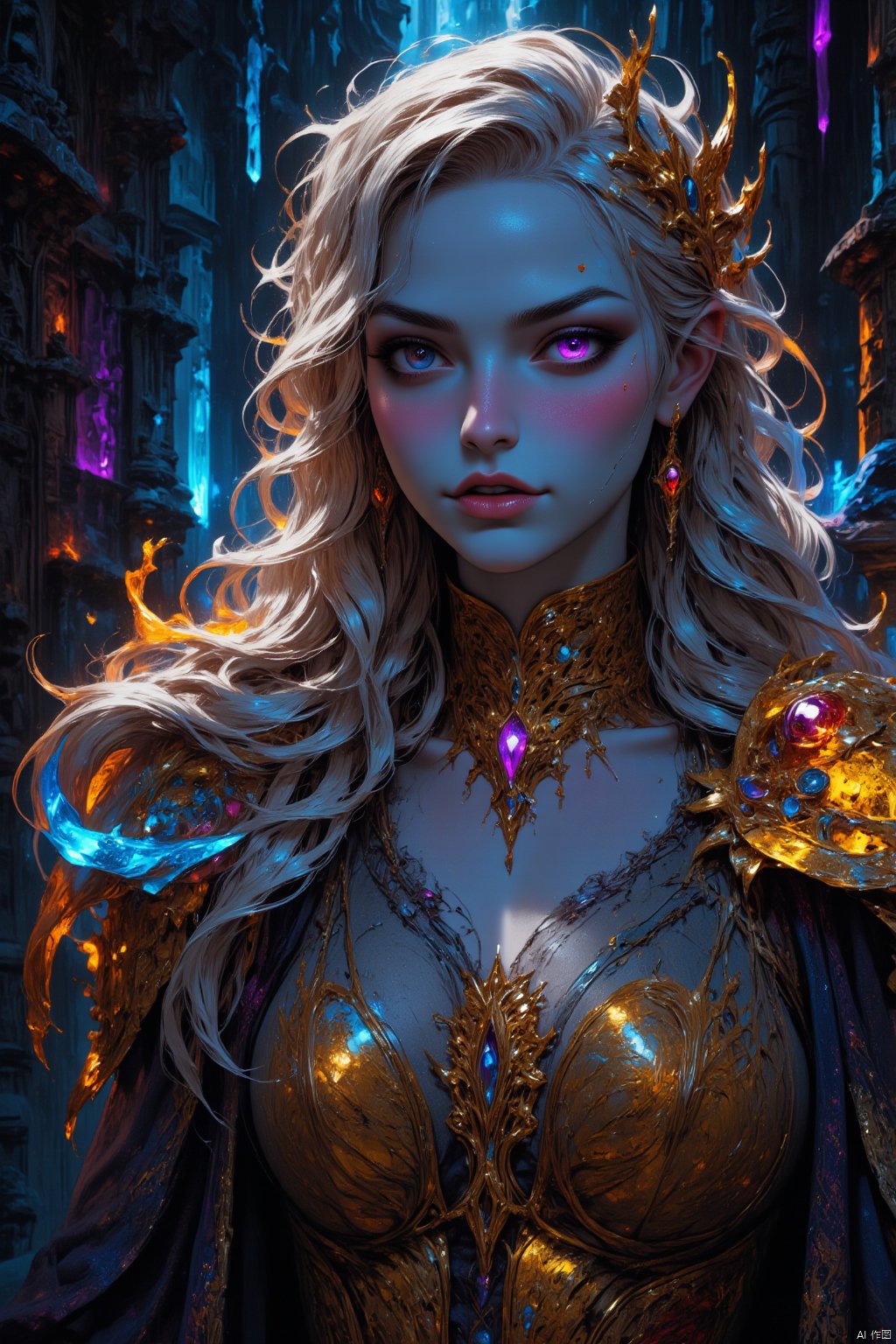 Portrait of a fierce elf warrior with glowing golden armor, ethereal blue skin, flowing silver hair, and piercing violet eyes. Set against a twilight forest background, the scene is illuminated by soft, mystical light filtering through the trees. The elf's armor is intricately designed with magical runes, slightly worn from battle, but still radiating power. Face close-up with ultra face details, capturing the intense gaze and elegance of the warrior. Highly detailed, 8k resolution, fantasy realism, mystical atmosphere, dramatic lighting, enchanted environment dquarkeen,BV-BETDIGPOR 