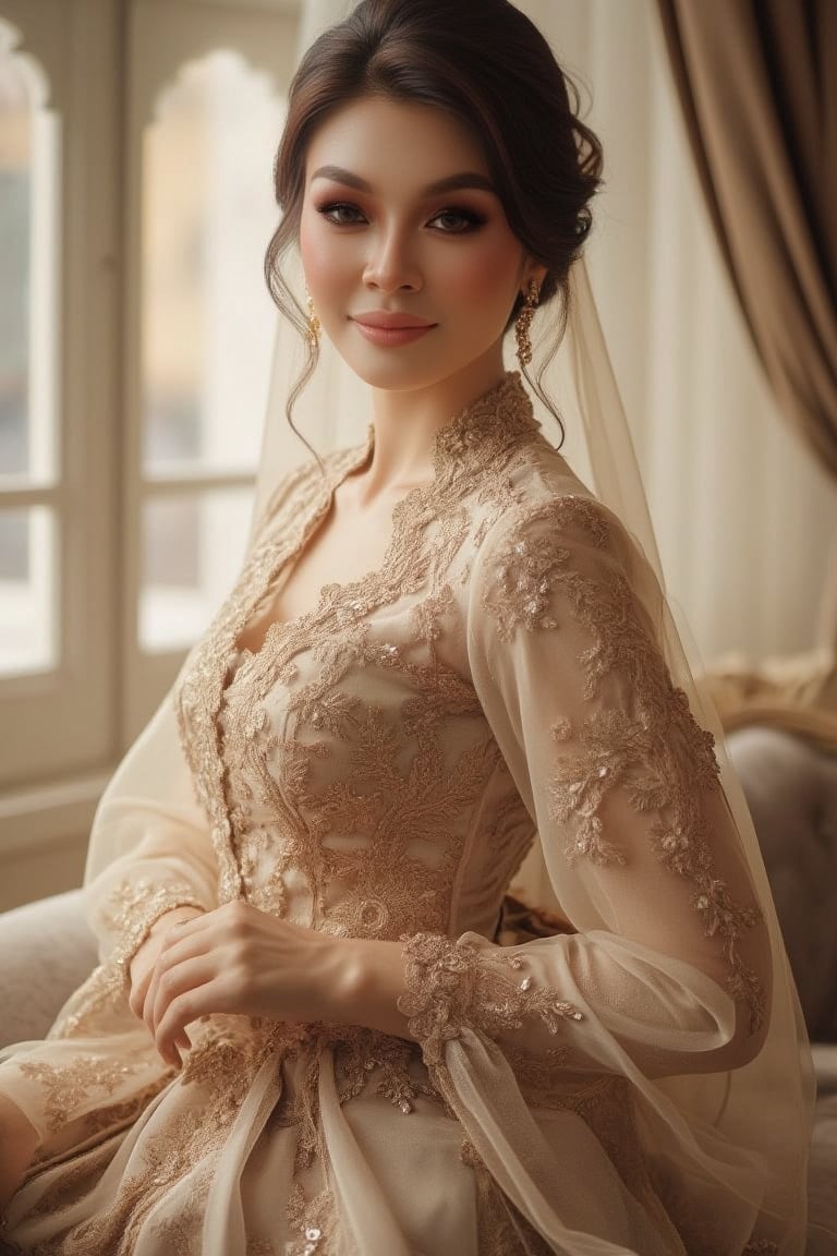 A serene and statuesque woman poses in front of a window, softly illuminated by the warm morning light. Her loose updo is artfully disheveled, delicate strands framing her porcelain complexion. She wears a vintage-inspired lace gown with intricate patterns, its flowing folds rustling subtly as she stands majestically. The soft focus highlights her features, exuding timeless elegance and poise.