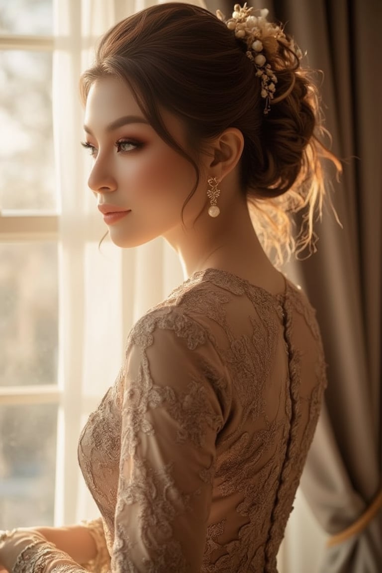 A serene and elegant woman stands before a window, her profile illuminated by the warm, soft glow of natural light. Her loose updo cascades gently down her neck, delicate tendrils dancing around her face. She wears a stunning lace dress, its intricate details catching the gentle rays of light, exuding timeless beauty as she stands serenely.