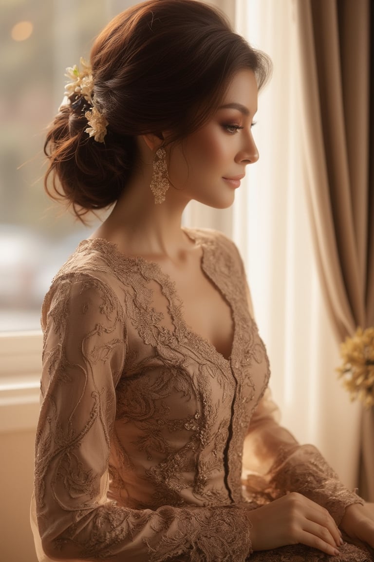 A serene and elegant woman stands before a window, her profile illuminated by the warm, soft glow of natural light. Her loose updo cascades gently down her neck, delicate tendrils dancing around her face. She wears a stunning lace dress, its intricate details catching the gentle rays of light, exuding timeless beauty as she stands serenely.