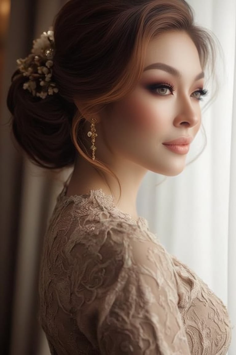 A majestic profile portrait: a stunning woman stands serenely near a window, bathed in soft, natural light that accentuates her features. Her loose updo showcases delicate tendrils framing her face, as she wears a lace dress with intricate details, exuding timeless beauty.