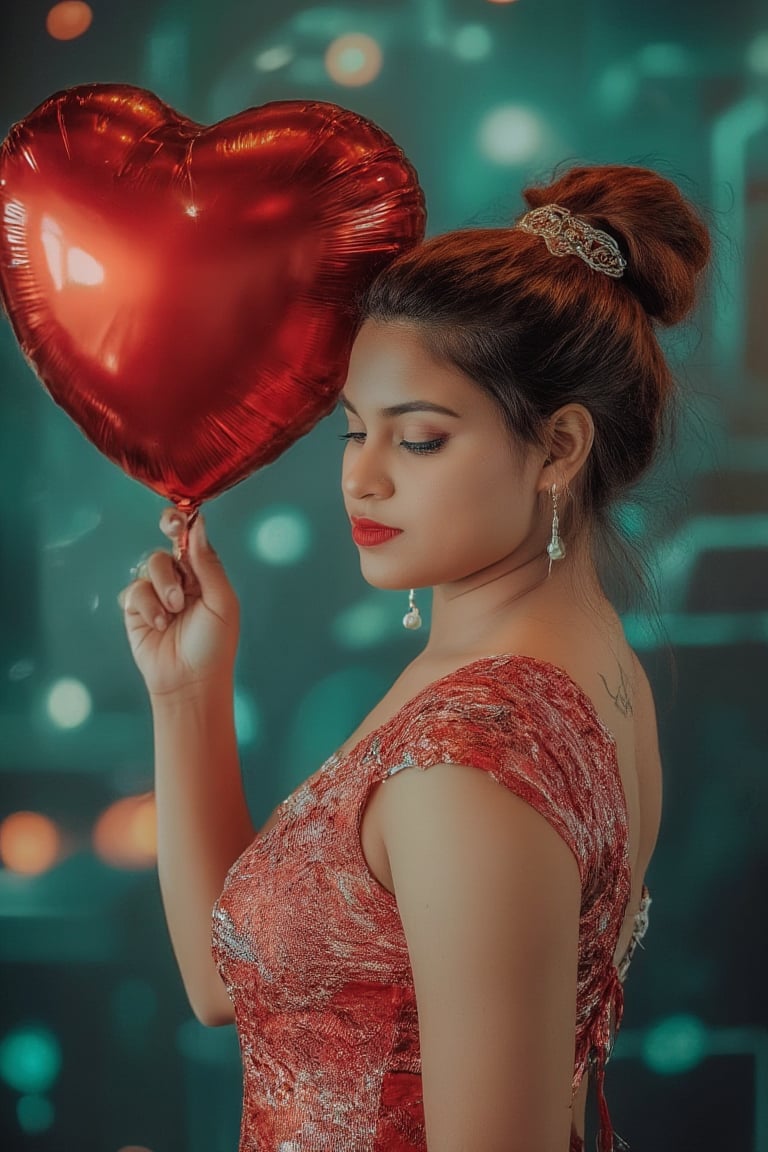 A retro-futuristic scene of a woman in a majestic, metallic dress with digital patterns and neon accents, holding a heart-shaped balloon. The dress has a vintage silhouette with futuristic elements, creating a blend of old and new. Soft, ambient lighting highlights her elegant features and the intricate details of her attire. The composition frames her in a graceful pose, with the heart-shaped balloon floating above her, capturing the essence of retro-futuristic style. The background features a blurred, abstract pattern of neon lights and old-school circuitry, enhancing the nostalgic yet innovative atmosphere.,Indu30