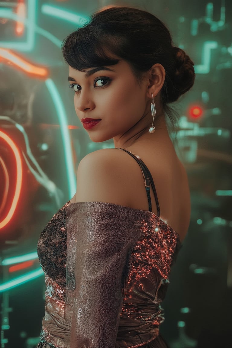 A retro-futuristic portrait of a woman in a long, flowing dress with metallic fabrics and digital patterns, adorned with neon accents. The dress has a vintage silhouette with futuristic elements, creating a blend of old and new. Soft, ambient lighting highlights her elegant features and the intricate details of her attire. The composition frames her in a graceful pose, with a subtle smile, capturing the essence of retro-futuristic style. The background features a blurred, abstract pattern of neon lights and old-school circuitry, enhancing the nostalgic yet innovative atmosphere.,Indu30