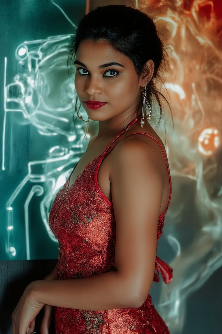 A retro-futuristic portrait of a woman in a long, flowing dress with metallic fabrics and digital patterns, adorned with neon accents. The dress has a vintage silhouette with futuristic elements, creating a blend of old and new. Soft, ambient lighting highlights her elegant features and the intricate details of her attire. The composition frames her in a graceful pose, with a subtle smile, capturing the essence of retro-futuristic style. The background features a blurred, abstract pattern of neon lights and old-school circuitry, enhancing the nostalgic yet innovative atmosphere.,Indu30