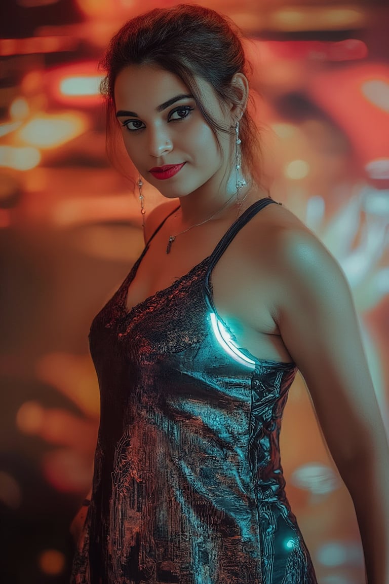 A retro-futuristic portrait of a woman in a long, flowing dress with metallic fabrics and digital patterns, adorned with neon accents. The dress has a vintage silhouette with futuristic elements, creating a blend of old and new. Soft, ambient lighting highlights her elegant features and the intricate details of her attire. The composition frames her in a graceful pose, with a subtle smile, capturing the essence of retro-futuristic style. The background features a blurred, abstract pattern of neon lights and old-school circuitry, enhancing the nostalgic yet innovative atmosphere.,Indu30