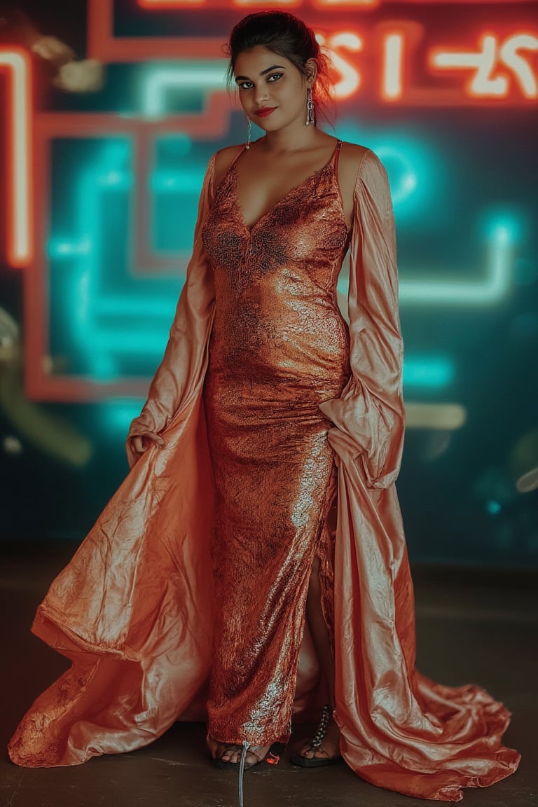 A retro-futuristic portrait of a woman in a long, flowing dress with metallic fabrics and digital patterns, adorned with neon accents. The dress has a vintage silhouette with futuristic elements, creating a blend of old and new. Soft, ambient lighting highlights her elegant features and the intricate details of her attire. The composition frames her in a graceful pose, with a subtle smile, capturing the essence of retro-futuristic style. The background features a blurred, abstract pattern of neon lights and old-school circuitry, enhancing the nostalgic yet innovative atmosphere.,Indu30