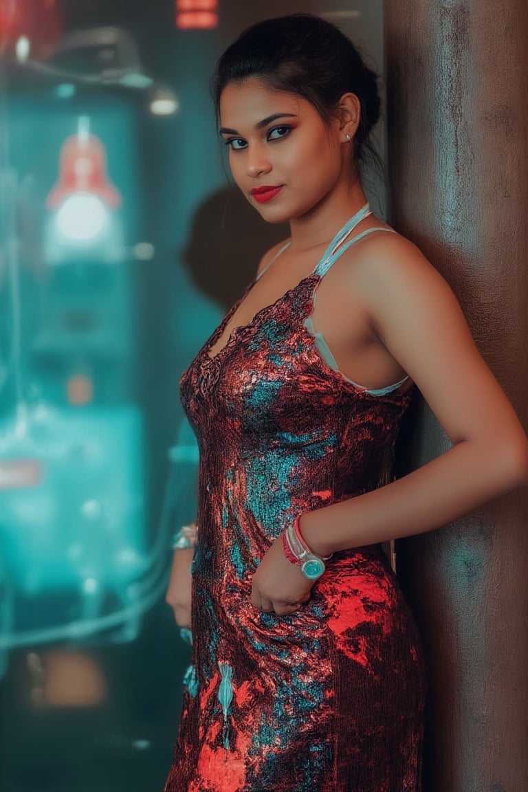 A retro-futuristic portrait of a woman in a long, flowing dress with metallic fabrics and digital patterns, adorned with neon accents. The dress has a vintage silhouette with futuristic elements, creating a blend of old and new. Soft, ambient lighting highlights her elegant features and the intricate details of her attire. The composition frames her in a graceful pose, with a subtle smile, capturing the essence of retro-futuristic style. The background features a blurred, abstract pattern of neon lights and old-school circuitry, enhancing the nostalgic yet innovative atmosphere.,Indu30