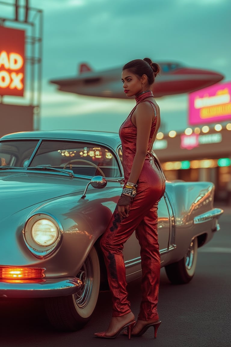 A retro-futuristic scene featuring a woman standing beside a sleek, chrome-plated car. The car has a vintage design with futuristic accents, such as neon lights and holographic panels. The woman is dressed in a stylish, 1950s-inspired outfit with futuristic elements like metallic fabrics and digital patterns. The scene is set at dusk, with soft, warm lighting casting a glow on the car and the woman. The composition frames the woman and car prominently, with the background featuring a cityscape of neon signs and flying vehicles.