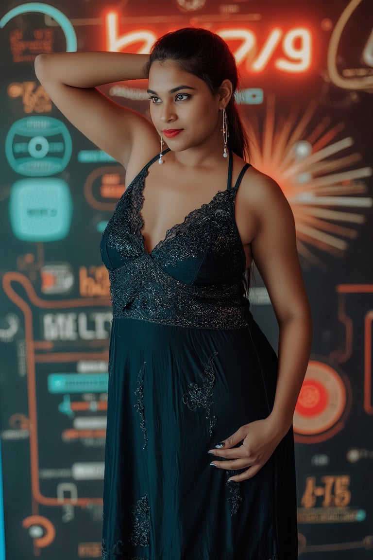 A retro-futuristic portrait of a woman in a long, flowing dress with metallic fabrics and digital patterns, adorned with neon accents. The dress has a vintage silhouette with futuristic elements, creating a blend of old and new. Soft, ambient lighting highlights her elegant features and the intricate details of her attire. The composition frames her in a graceful pose, with a subtle smile, capturing the essence of retro-futuristic style. The background features a blurred, abstract pattern of neon lights and old-school circuitry, enhancing the nostalgic yet innovative atmosphere.,Indu30