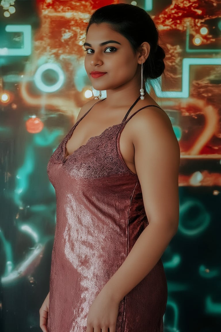 A retro-futuristic portrait of a woman in a long, flowing dress with metallic fabrics and digital patterns, adorned with neon accents. The dress has a vintage silhouette with futuristic elements, creating a blend of old and new. Soft, ambient lighting highlights her elegant features and the intricate details of her attire. The composition frames her in a graceful pose, with a subtle smile, capturing the essence of retro-futuristic style. The background features a blurred, abstract pattern of neon lights and old-school circuitry, enhancing the nostalgic yet innovative atmosphere.,Indu30