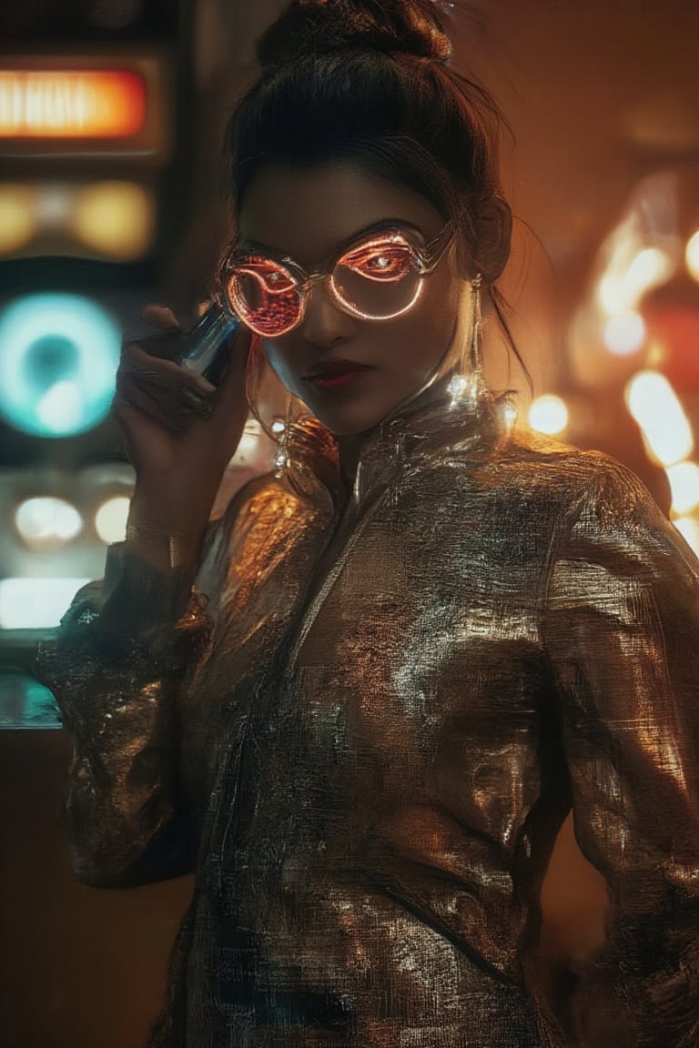 A woman posing confidently, radiant in a metallic dress with digital patterns and neon accents, against a blurred backdrop of vintage circuitry and neon lights. Soft, warm lighting highlights her features, oversized glasses with futuristic lenses reflecting a digital glow. Her stylish gaze is set off by the retro-futuristic atmosphere, as if stepping out of a 1980s time capsule.,NeemoFairy,Liminal Space,Ambience Steampunk 