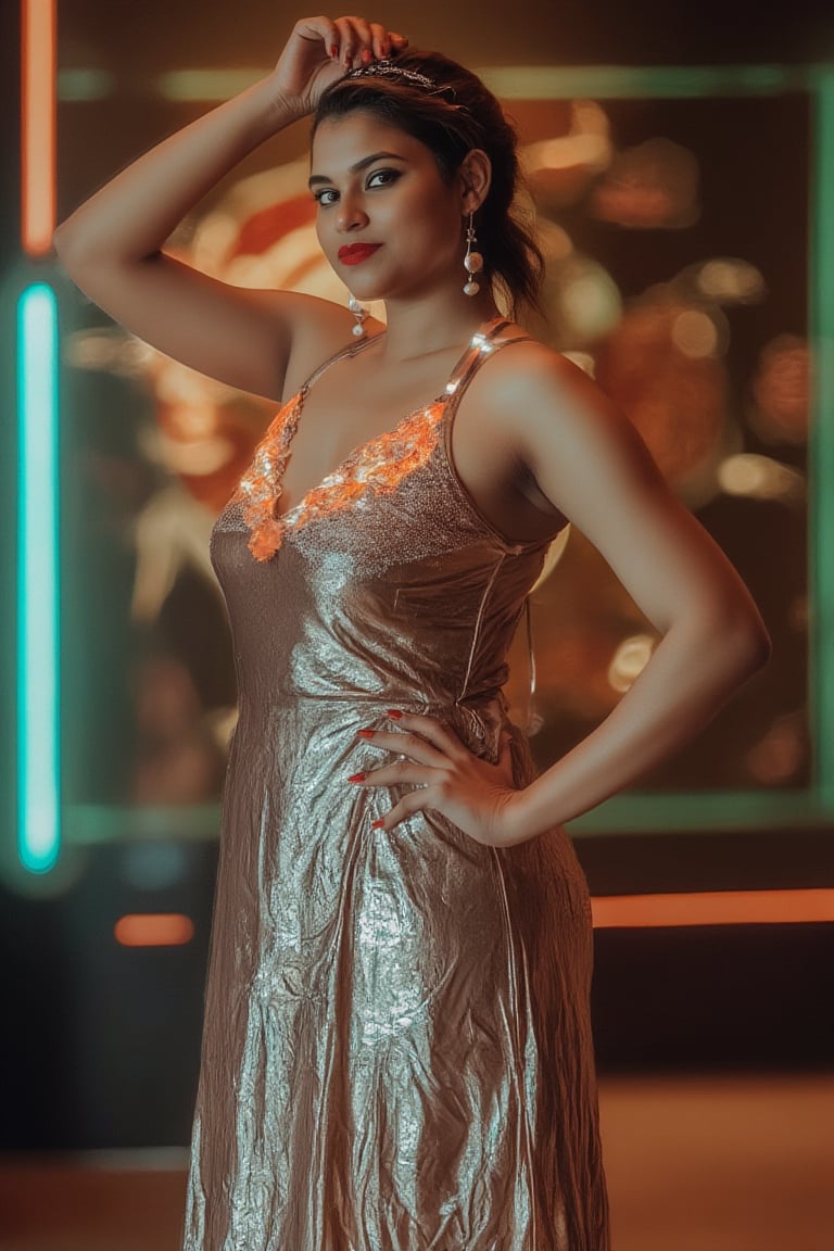 A retro-futuristic portrait of a woman in a long, flowing dress with metallic fabrics and digital patterns, adorned with neon accents. The dress has a vintage silhouette with futuristic elements, creating a blend of old and new. Soft, ambient lighting highlights her elegant features and the intricate details of her attire. The composition frames her in a graceful pose, with a subtle smile, capturing the essence of retro-futuristic style. The background features a blurred, abstract pattern of neon lights and old-school circuitry, enhancing the nostalgic yet innovative atmosphere.,Indu30