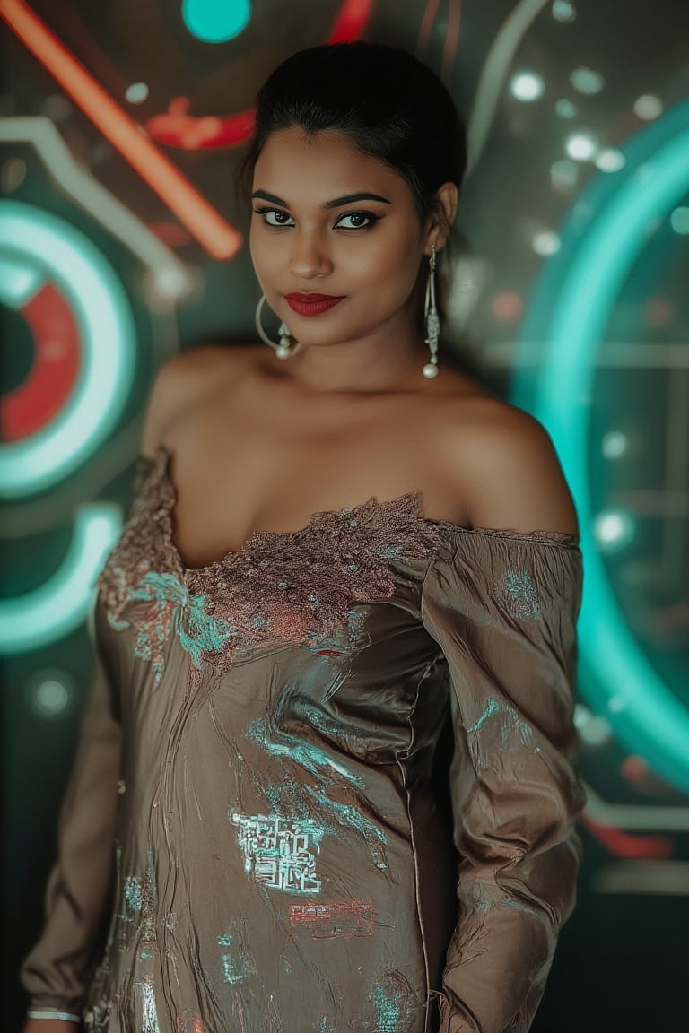 A retro-futuristic portrait of a woman in a long, flowing dress with metallic fabrics and digital patterns, adorned with neon accents. The dress has a vintage silhouette with futuristic elements, creating a blend of old and new. Soft, ambient lighting highlights her elegant features and the intricate details of her attire. The composition frames her in a graceful pose, with a subtle smile, capturing the essence of retro-futuristic style. The background features a blurred, abstract pattern of neon lights and old-school circuitry, enhancing the nostalgic yet innovative atmosphere.,Indu30