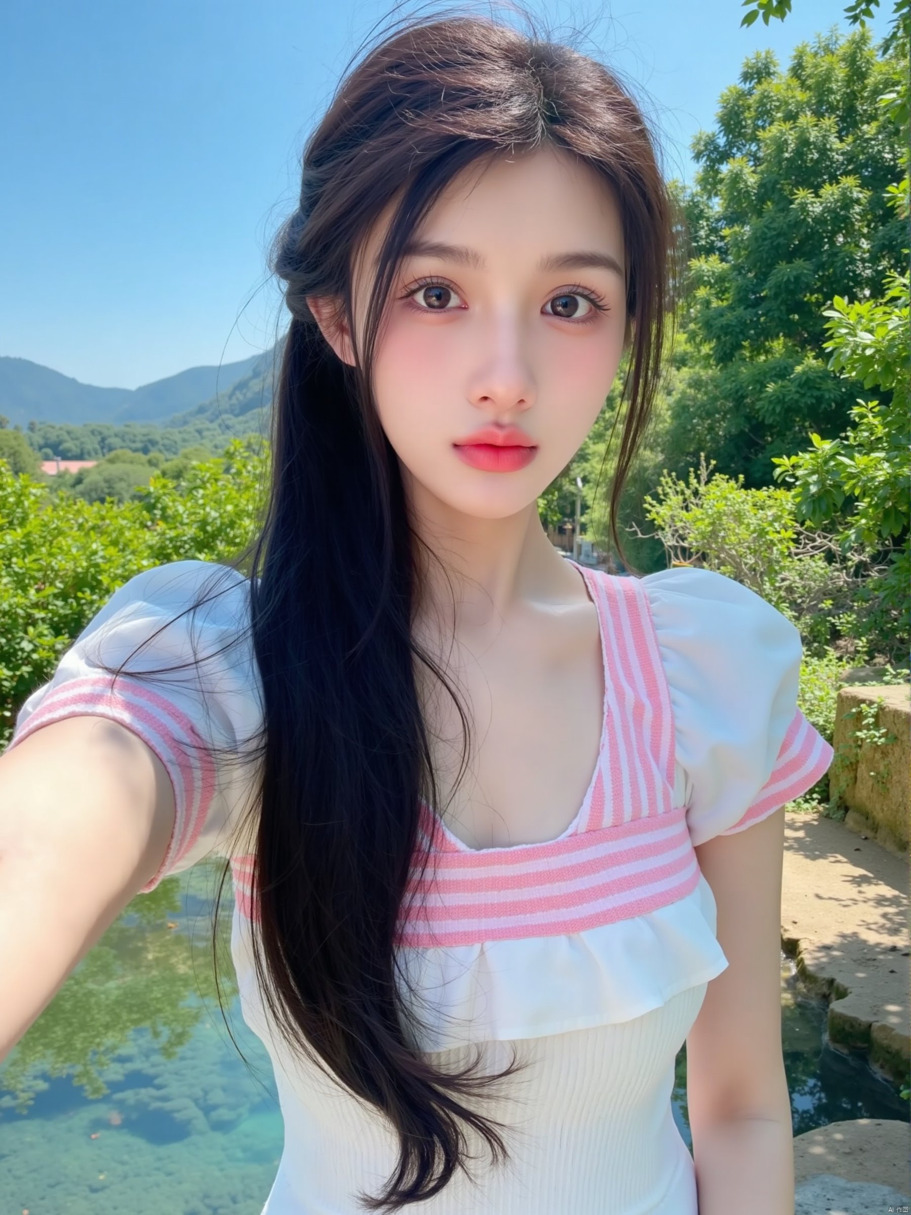 Captured at eye-level on a mobile camera, a young Asian woman with long dark brown hair stands in front of a backdrop of lush green foliage and a body of water. She is wearing a white dress with a pink and white striped shirt over it. Her hair is pulled back in a ponytail, adding a touch of texture to her face. Her eyes are a piercing blue, and her lips are a darker shade of brown. The backdrop is a clear blue sky, and a mountain range can be seen in the distance.