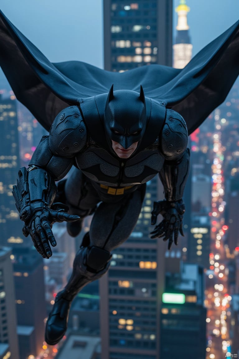 A highly stylized depiction of Batman, whose body has undergone extensive mechanical augmentation. Suspended in the air above bustling New York City, this close-up shot captures every intricate detail of his advanced suit and cybernetic enhancements. The composition of this picture is tightly framed around Batman's imposing figure, with a focus on his facial expression revealing intense concentration and determination.
The perspective structure emphasizes the vertical alignment of Batman, creating a sense of soaring height and isolation against the backdrop of towering skyscrapers below. His cape flutters slightly in the wind, adding dynamic movement to the static pose. The scene is bathed in the soft glow of city lights reflecting off glass buildings, with dramatic shadows cast by his mechanical enhancements.
Artistically inspired by cyberpunk aesthetics and the works of H.R. Giger, this image combines dark industrial elements with sleek futuristic designs. The color palette consists of deep blues and purples, contrasting sharply against the neon lights of New York's skyline. The overall tone is both ominous and awe-inspiring, capturing a moment that encapsulates Batman's relentless pursuit of justice in an ever-evolving urban landscape.
In this scene, Batman performs a subtle but powerful gesture, his hand reaching out to grasp at invisible forces, symbolizing his control over the city's chaotic energy and his unwavering commitment to protect its inhabitants. The composition highlights the contrast between human frailty and technological augmentation, evoking a sense of wonder and tension that draws viewers into a world where the line between man and machine blurs.,3D RENDER STYLE