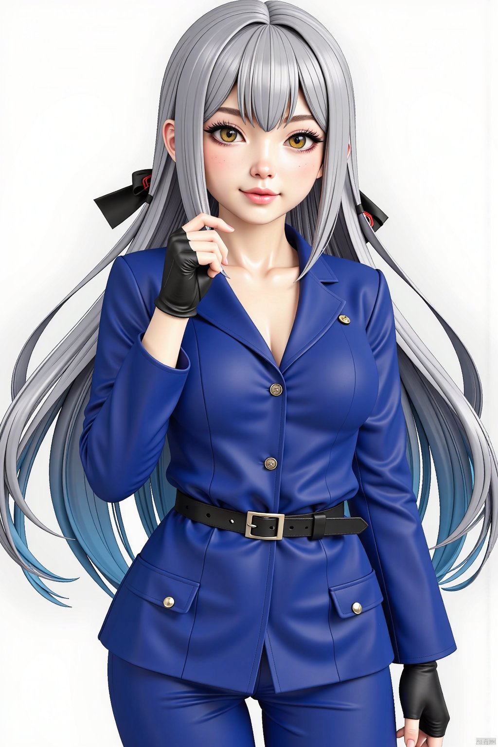 sakiko,1girl, solo, long hair, looking at viewer, blush, bangs, simple background,, ribbon, blue hair, grey hair, hair ribbon, yellow eyes, braid,, blunt bangs, two side up, black ribbon,cowboy shot,upper body, 
1girl, solo,nrblue,blue jacket,fingerless gloves,pants,belt,black gloves,jacket,long sleeves,gloves,3D RENDER STYLE