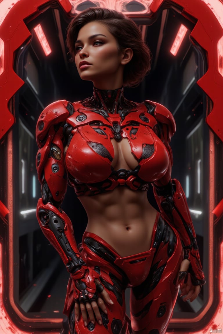  splash ink style,magazine cover,cool title,exaggerated layout,'FLUX',dense content,A contemplative female warrior in elaborate red mech-style armor, glossy with intricate designs including floral patterns and chains, inside a futuristic corridor with soft red ambient lighting, sleek and polished look of advanced technology, reflective armor catching the light, high contrast with dark background, best quality, ultra highres, original, extremely detailed, perfect lighting,splattered ink,masterpiece,4k,splash ink,highly detailed,award winning artwork,splash art,HIGH-TECH STYLE, HGHTC,3D RENDER STYLE