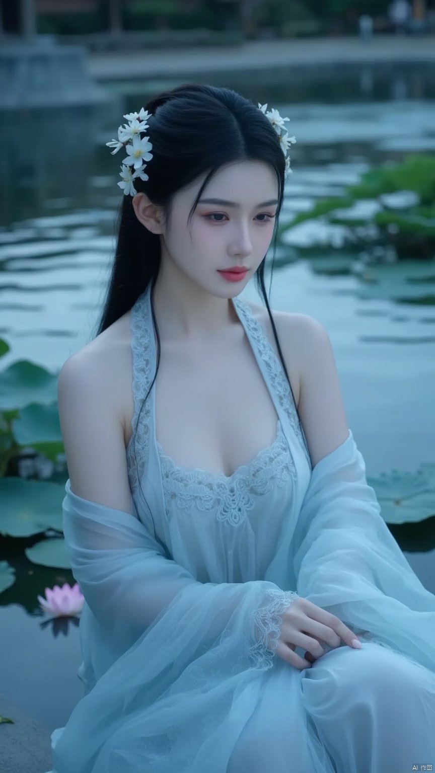 asian girl,This is a high-resolution photograph capturing a serene scene of a young woman in a tranquil outdoor setting. The woman,with fair skin and long,dark hair adorned with delicate white flowers,is dressed in a flowing,pale blue silk robe with intricate embroidery along the sleeves and neckline. The fabric appears ethereal and light.The background features a serene pond with rippling water reflecting the blue and purple hues of the sky,suggesting a twilight or early evening setting. Lush green lily pads and lotus flowers are visible around the edges of the pond,adding to the peaceful ambiance. The light is soft and diffused,casting a gentle glow that highlights the textures of her robe .The image exudes a sense of calm and introspection,with the woman's focused expression and the gentle movements of her hands. The overall aesthetic is one of traditional elegance and natural beauty,capturing the essence of ancient Chinese culture and artistry