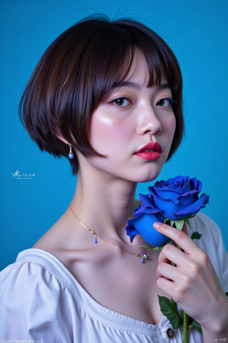 luoxue,snow,Masterpieces, master photography works,1girl, solo, short hair, simple background, brown hair, black hair, holding, jewelry, collarbone, closed eyes, flower, earrings, parted lips, choker, artist name, necklace, lips, eyelashes, makeup, rose, watermark, blue background, lipstick, portrait, facing viewer, web address, blue flower, blue theme, holding flower, red lips, blue rose,Artistic signature,Edge lighting,COLORFUL CHAOS CRACKS AND DROPS,RAINBOW GLOW.