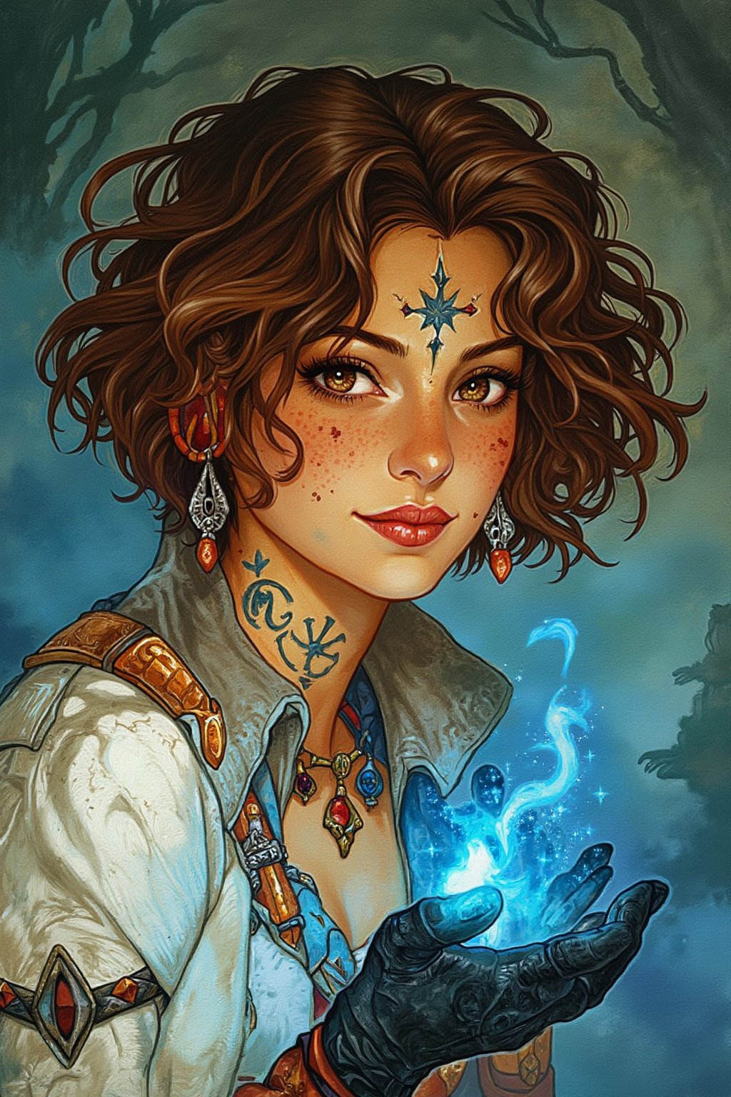 D&D-themed picture - Of a beautiful sorcerer woman with natural curly brown short hair and brown eyes. Freckles, magic rune tattoos. beautiful smile, full lips. Mid shot. magic aura of power gives her exceptional beauty a breathtaking awesomeness. Realistic, highly-detailed, high-quality, penacryl