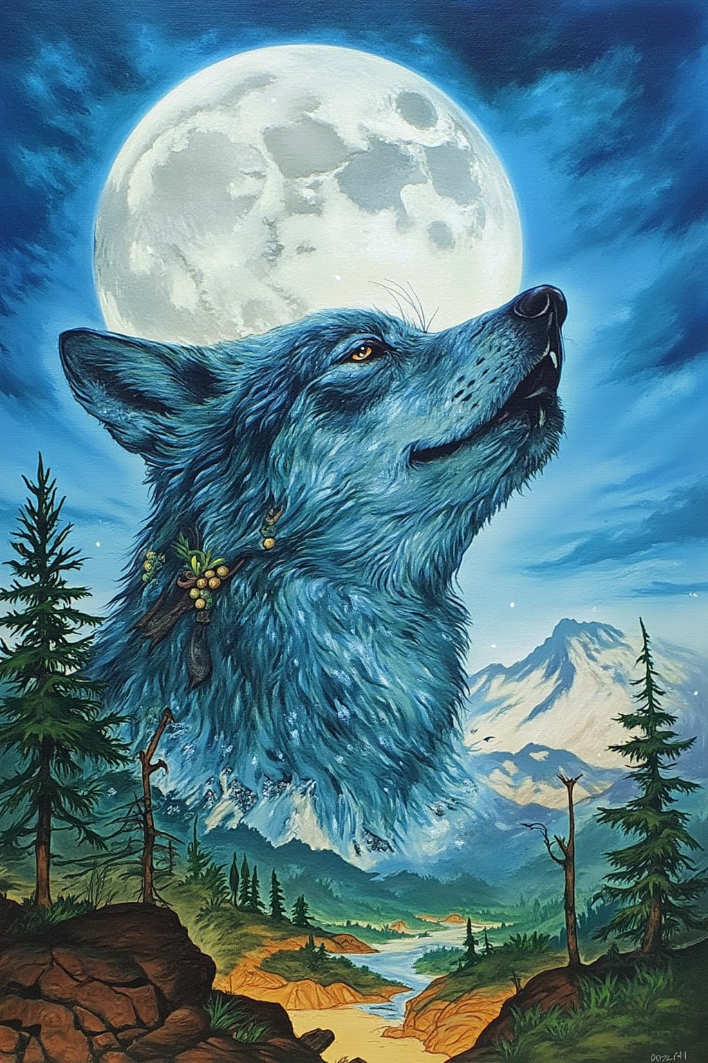  a masterpiece, stunning detail, 
Composing showing closeup on a wolf head in front of a full moon howling. Mixed with a mountain surroundes by diffuse nature spirits. Multiple exposure look, crazy surreal style - closeup, penacryl