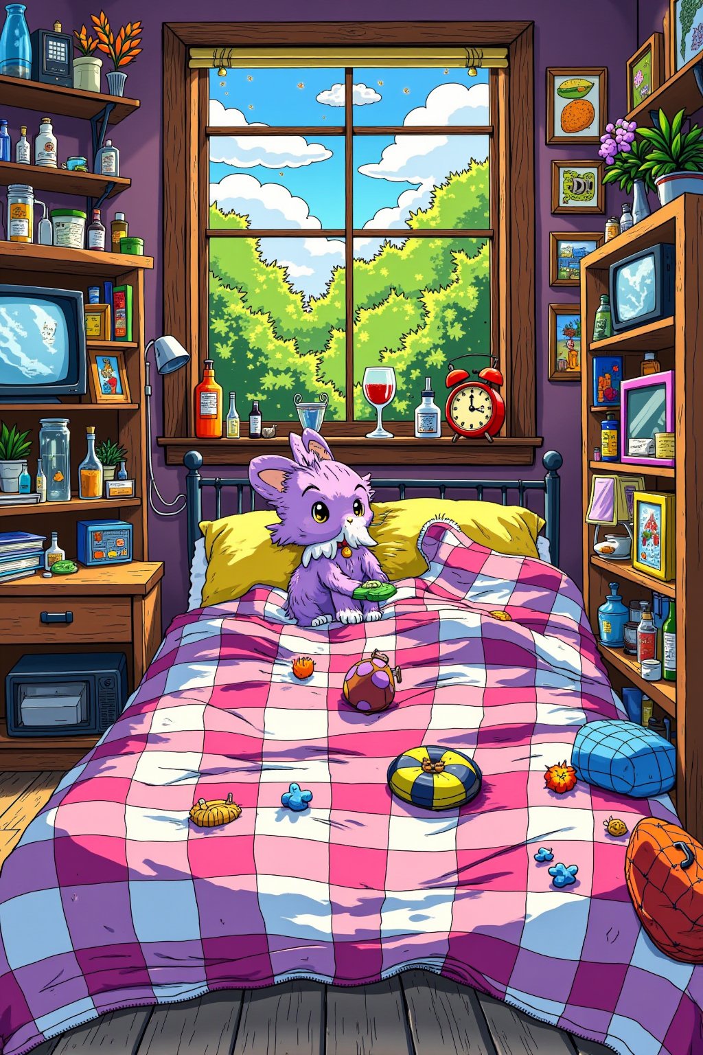 co3y parvdize,  This is a vibrant,  digitally created illustration depicting a cluttered room with a variety of objects an...