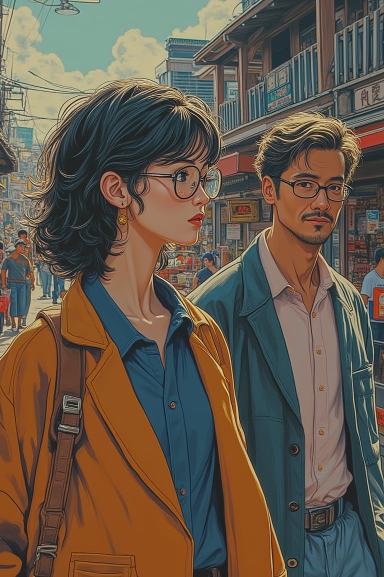 A dynamic scene blending Akira and Hirō styles, featuring a woman wearing glasses walking together with a man in a vibrant village. The composition captures their movement, with detailed facial features and sharp lines defining their expressions. The lighting is vibrant, highlighting the bustling village environment. The background showcases intricate village details, with both figures in motion, creating a lively and engaging scene.