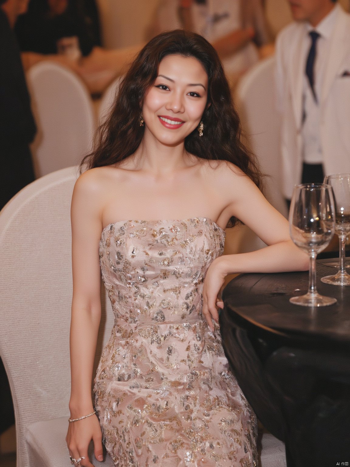 a woman with long brown hair, dressed in a strapless dress, is seated at a table with a smile on her face. She is adorned with gold earrings and a black belt. The woman's left arm is resting on a white chair, while her right arm rests on the table. In the background, a man in a white shirt and blue tie can be seen, his head tilted slightly to the left of the frame. To the right of the woman, a group of wine glasses are placed on a table, adding a touch of color to the scene.
